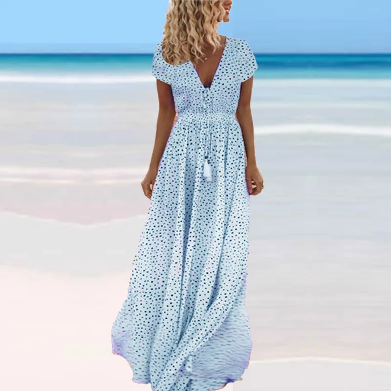 

Women V-Neck Chiffon Maxi Long Cottagecore Dresses Vacation Beach Boho Polka Dot Dress New 2021 Oversized Summer Dress Vestido