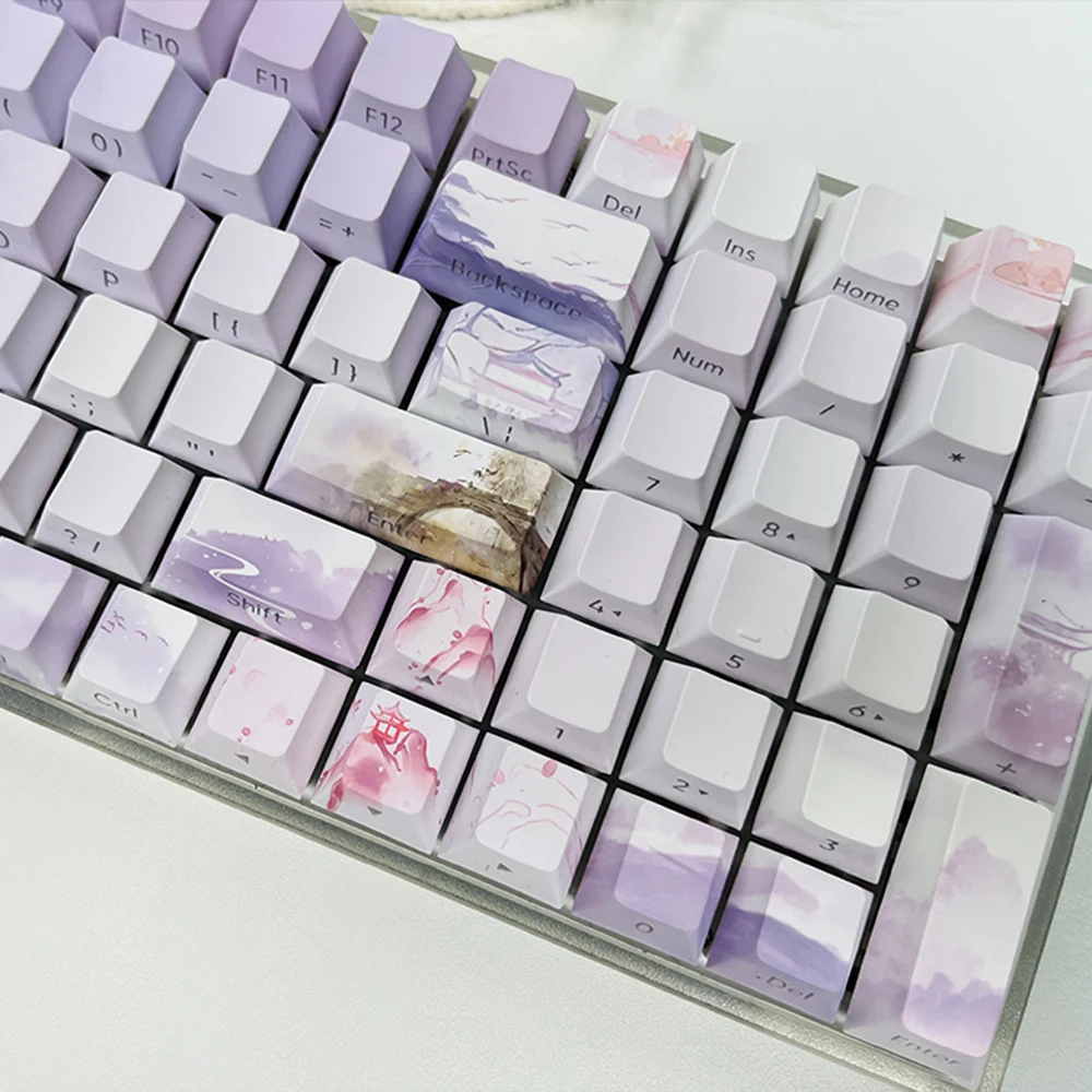 

130 Keys Purple Sakura Side Print 5 Side Dye-Sub PBT Keycaps Backlit RGB Cherry Profile For Cherry MX Gamer Mechanical Keyboard