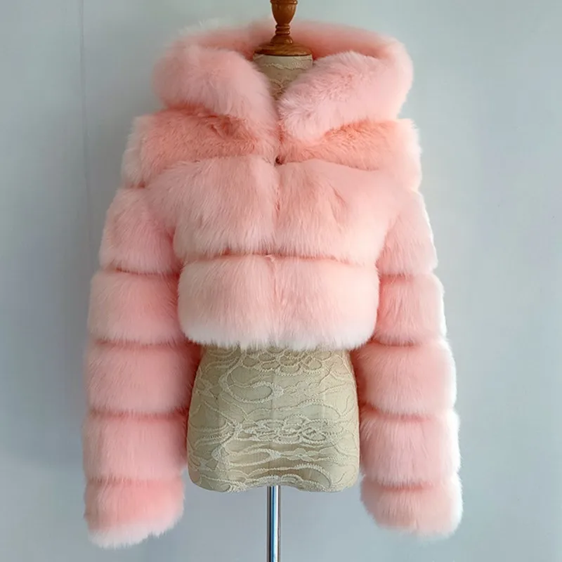 

Pink Furry Cropped Faux Fox Fur Coats and Jackets Women Zipper Hoodie Fluffy Top Winter Cropped Hooded Fur Jacket Thick Warm