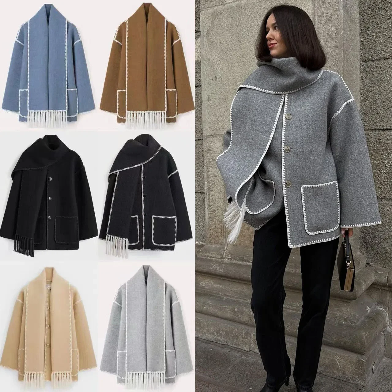 Women Elegant Woolen Coat with Scarf Fashion Tassel Spring Black Outwear Chic Streetwear Lady Jackets Embroidery Abrigo Mujer
Women Elegant Woolen Coat with Scarf Fashion Tassel Spring Black Outwear Chic Streetwear Lady Jackets Embroidery Abrigo Mujer