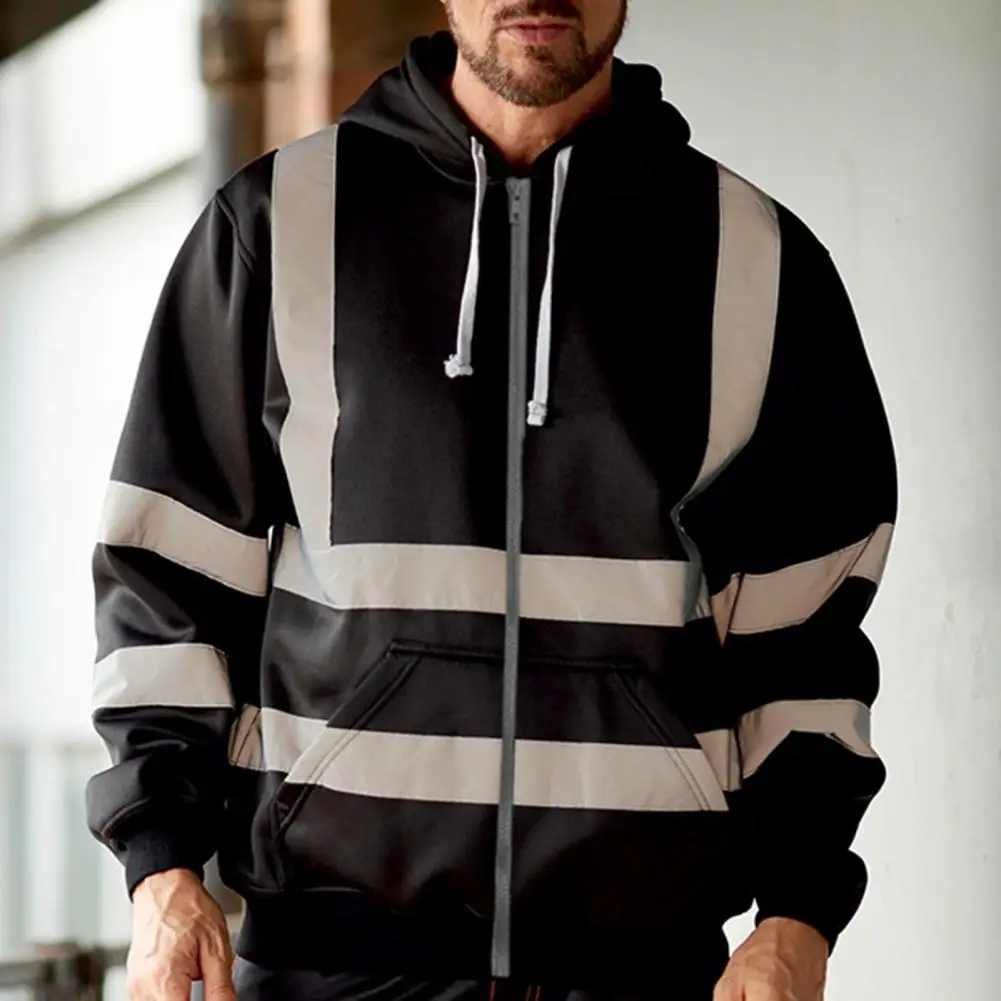 Striped Patchwork Color Hoodie Coat Winter Hoodie with Reflective Safety Stripes Zipper Placket Drawstring Pockets Men's Long
Striped Patchwork Color Hoodie Coat Winter Hoodie with Reflective Safety Stripes Zipper Placket Drawstring Pockets Men's Long