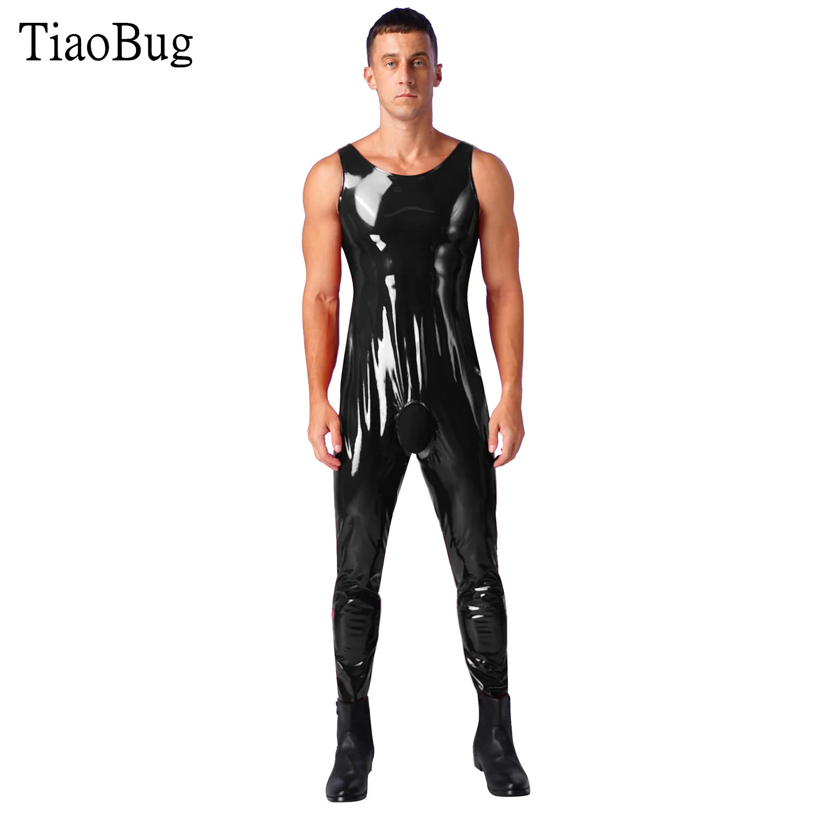 

Mens One-piece Wet Look Patent Leather Bodysuit U Neck Sleeveless Crotchless Catsuit Leotard Jumpsuit Clubwear