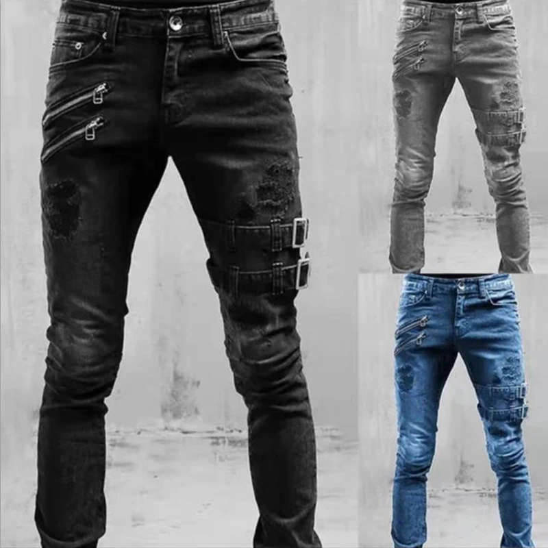 

Plus Size Straight Jeans Man Pants Spring Summer Boyfriend Jeans Streetwear Skinny Zips 3 Colors Cacual Long Denim Trousers