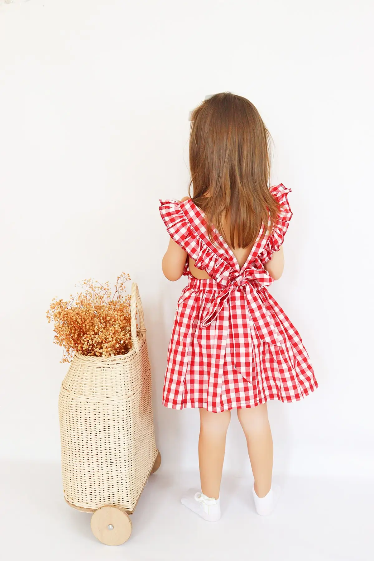 

Girls' Violetta Red Gingham Ruffled Tie Detailed Dress Bandana Suit Woven Cotton Strap Plaid