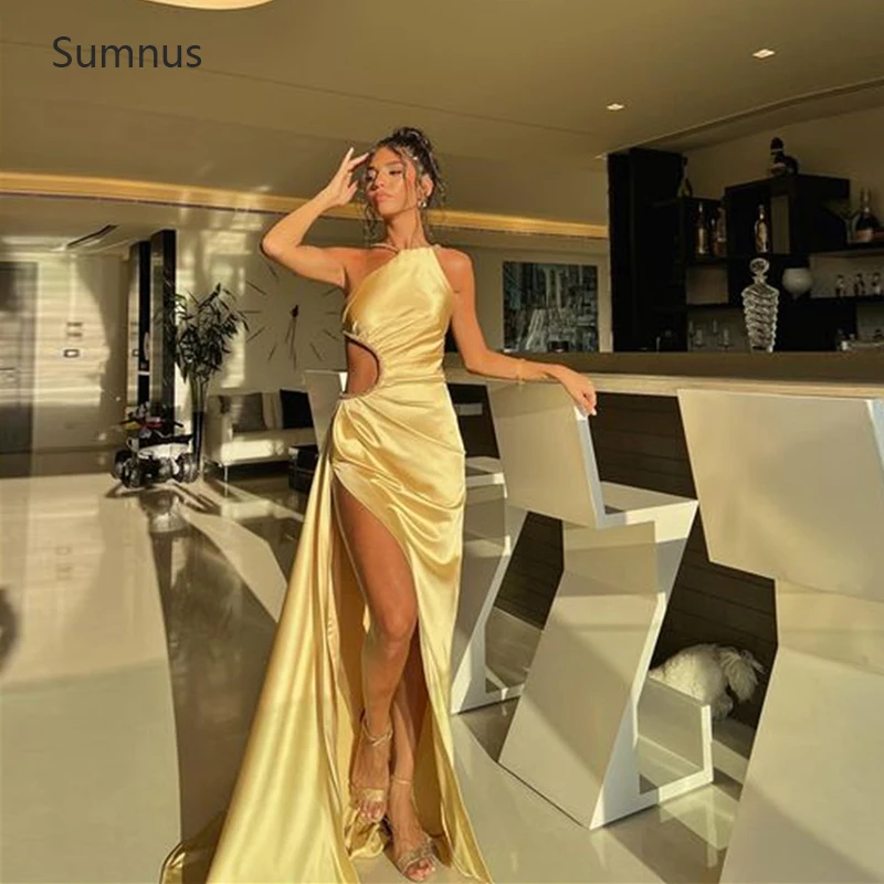 

Sumnus Yellow One Shoulder Evening Dresses 2022 High Side Slit Sexy Pleat Prom Party Gowns Arabic Vestidos De Fiesta