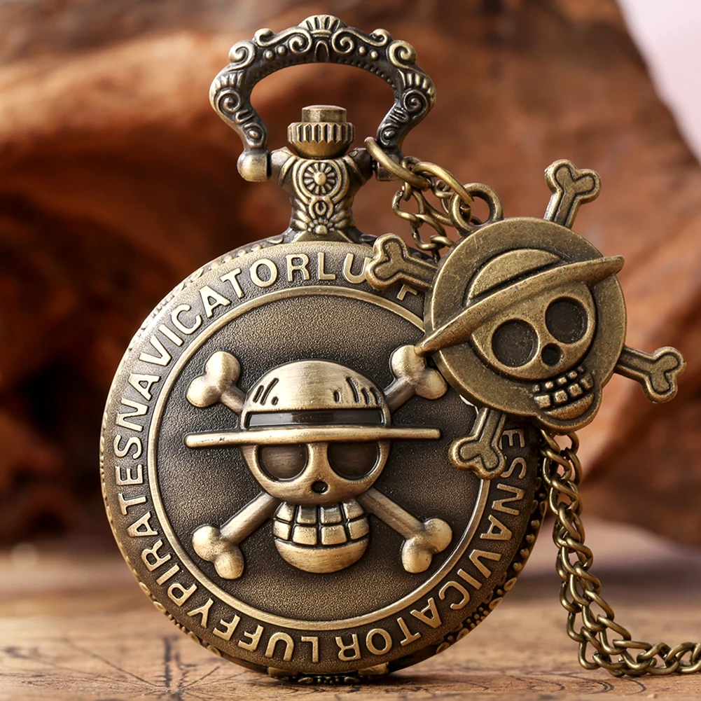 Бронзовые кварцевые карманные часы в стиле ретро с черепом Луффи пиратом мужские