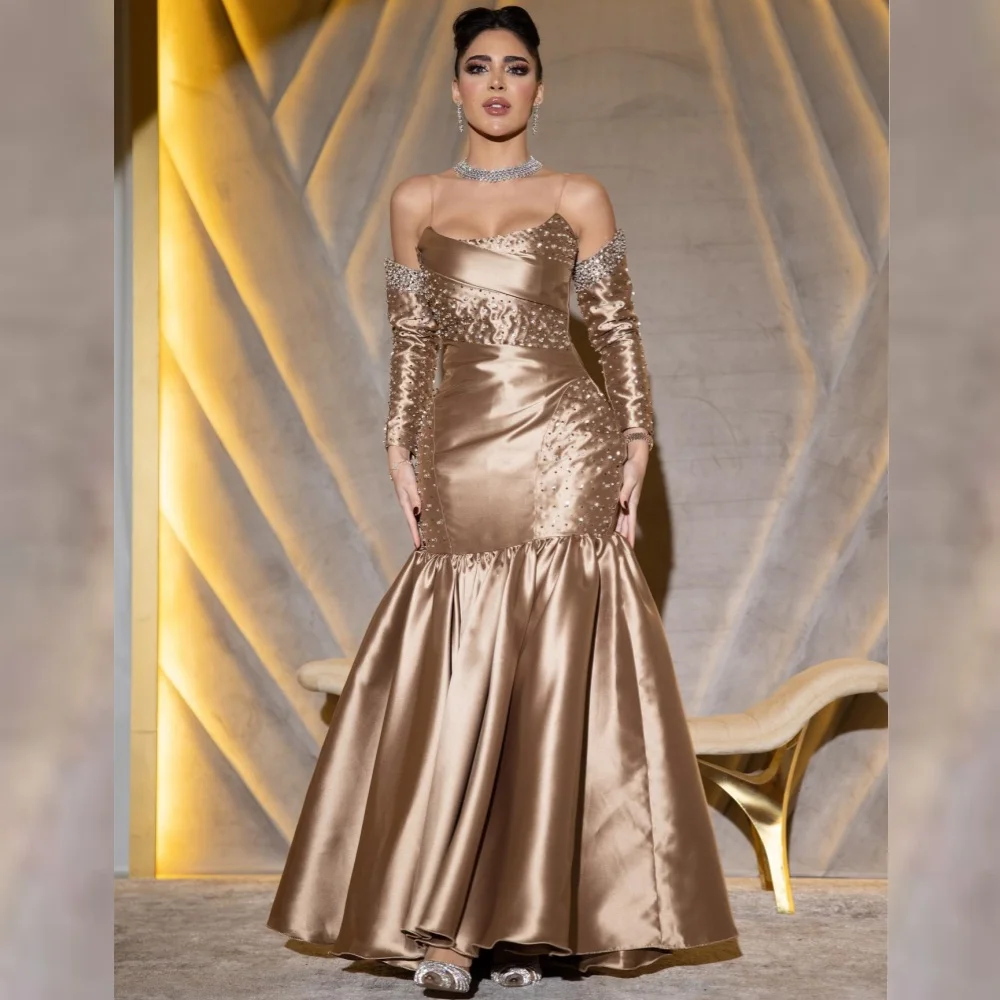 

Prom Dress Evening Saudi Arabia Satin Sequined Beading Ruched Graduation A-line Square Neck Bespoke Occasion Gown Long Dresses