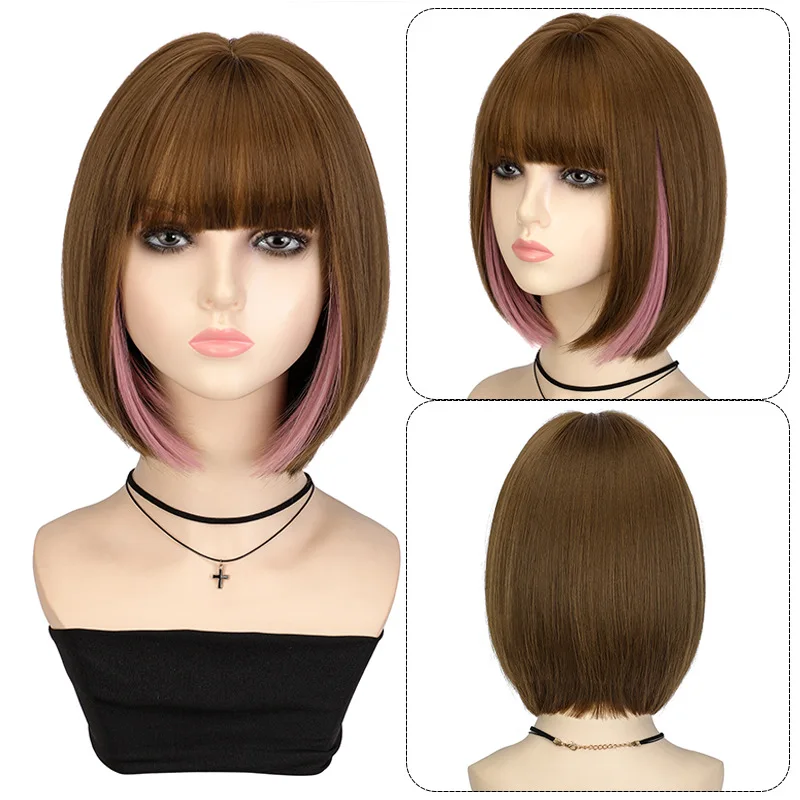 

Color Mixed Wig Female Full Bangs Party Cosplay Costume Wigs Hair Wig Heat Resitant Synthetic Hair Peluca