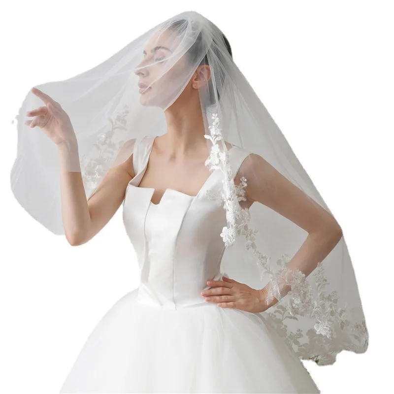 

80*100cm White Ivory Wedding Veils Bridal Veil Two Tiered with Comb Lace Applique Fingertip length Women Headpiece