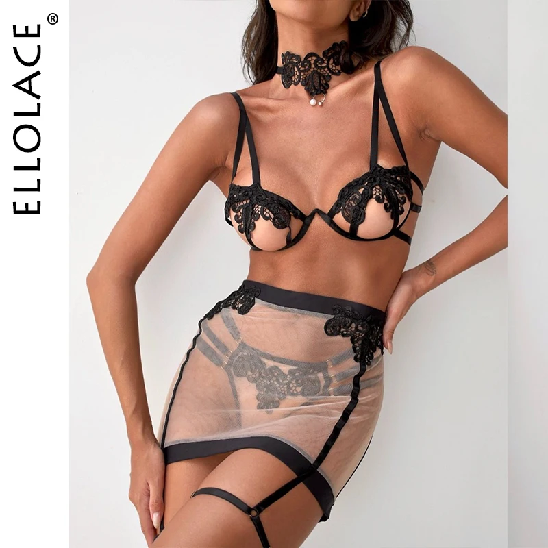 

Ellolace Erotic Lingerie Sheer Lace See Through Intimate Push-Up Bra Underwear Tulle Garter Fancy Outfit Sissy Bilizna Set