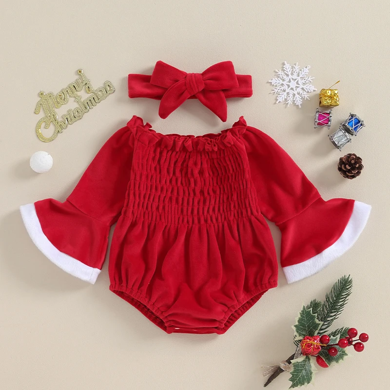 

0-18M Baby Girl 2-piece Christmas Contrast Color Pleated Velvet Jumpsuit with Bell Sleeves and Cute Headband Toddlers Set