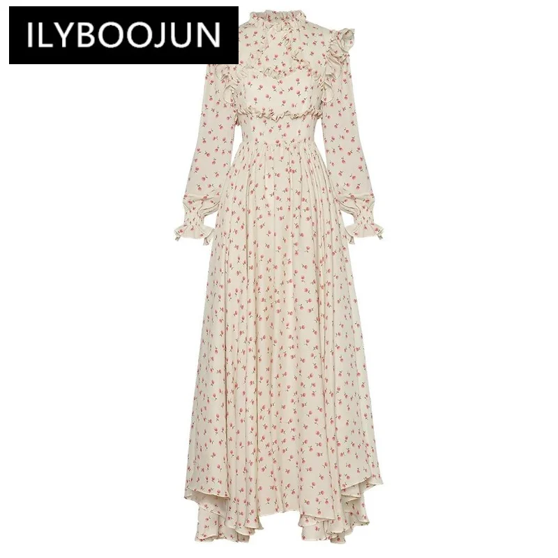 

ILYBOOJUN Fashion Autumn Maxi Dress Women O-Neck Lantern Sleeve Ruffles Floral Print High Waiste Vintage Asymmetrical Dresses