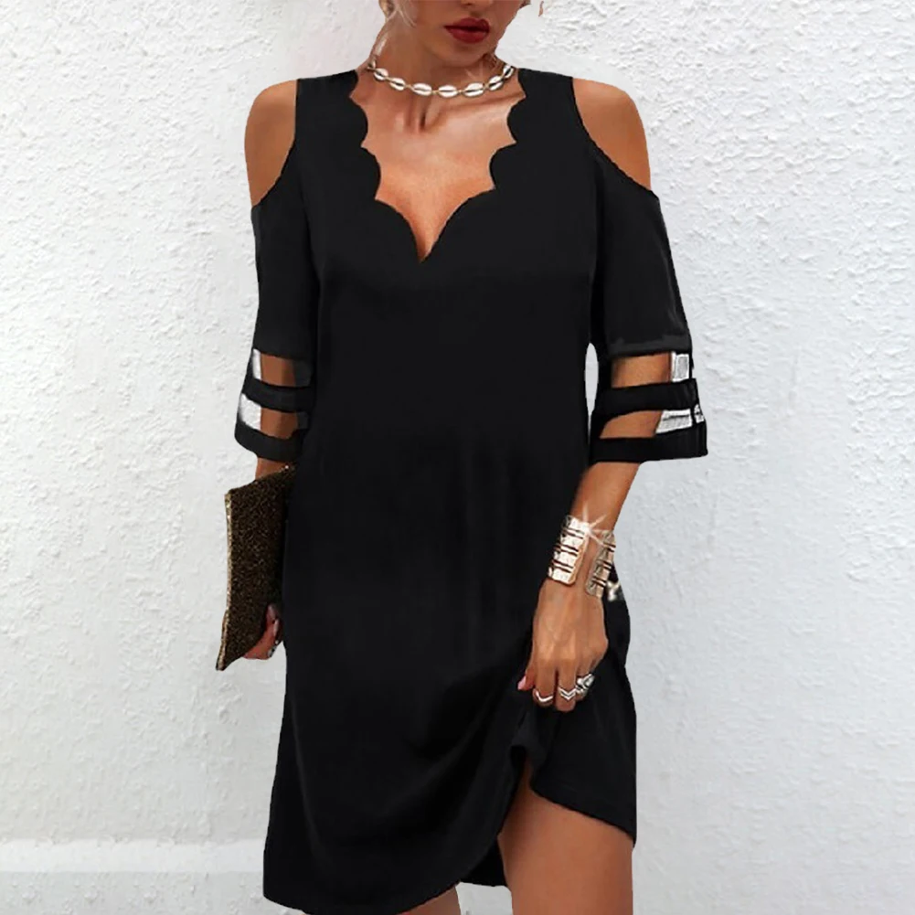 

Women Holiday Beach A-line Dress Hollow Out Wave Collar Short Sleeve Contrast Mesh Scallop Off Shoulder Casual Dress
