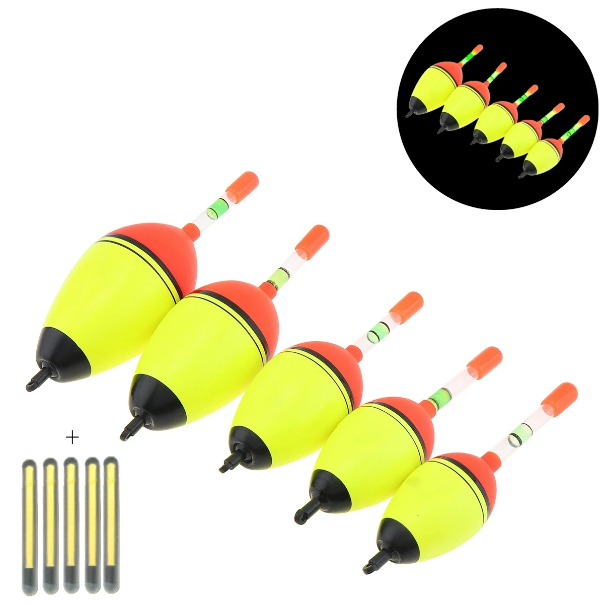 

5pcs EVA Foam Fishing Floats Bobber+ 5pcs Glow Sticks Sea Rock Fishing Long Cast Floating Eye-catching Drift 15g 20g 30g 40g 50g