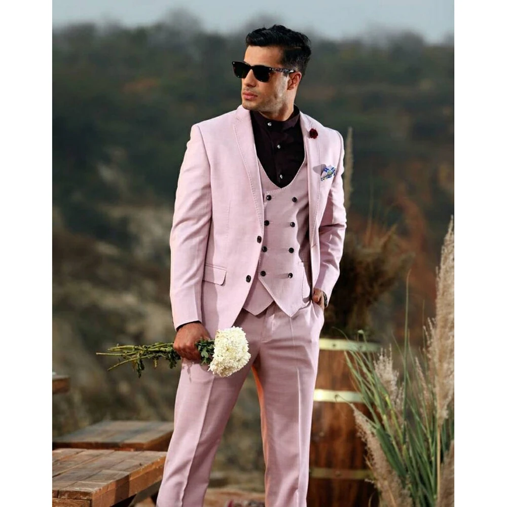 

Pink Notch Suits for Men Chic 3 Piece Jacket Pants Vest Flat Regular Length Single Breasted Notch Lapel Wedding Set Ropa Hombre