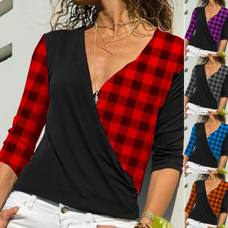 Women Fashion Autumn Winter T-shirts Casual Long Sleeve Plaid Shirts Deep V-neck Slim Patchwork Blouses Ladies Tops
Women Fashion Autumn Winter T-shirts Casual Long Sleeve Plaid Shirts Deep V-neck Slim Patchwork Blouses Ladies Tops
