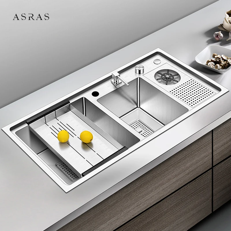 

ASRAS SUS 304 Stainless Steel Kitchen Double Sink Handmade Brushed 4mm Thickness Large Size Cup Rinser Double Kitchen Sinks