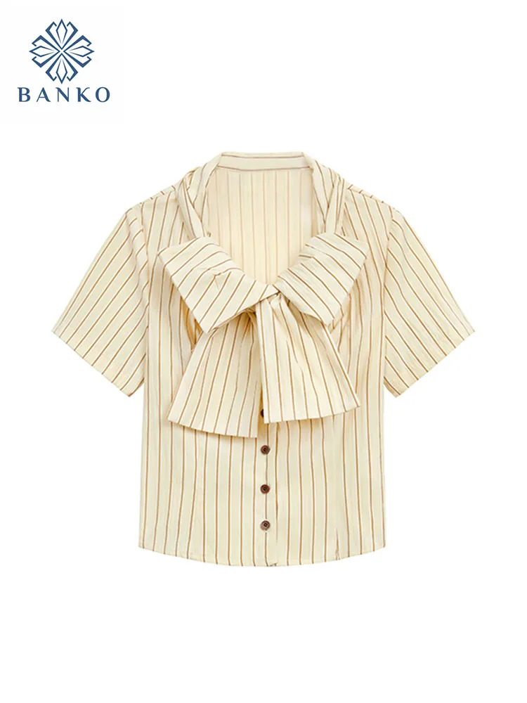 

French Elegance Classical Stripe Shirts Simple Solid Turn-Down Collar Blouses Basic Casual Bow Crops Top Mori Girl Preppy Style