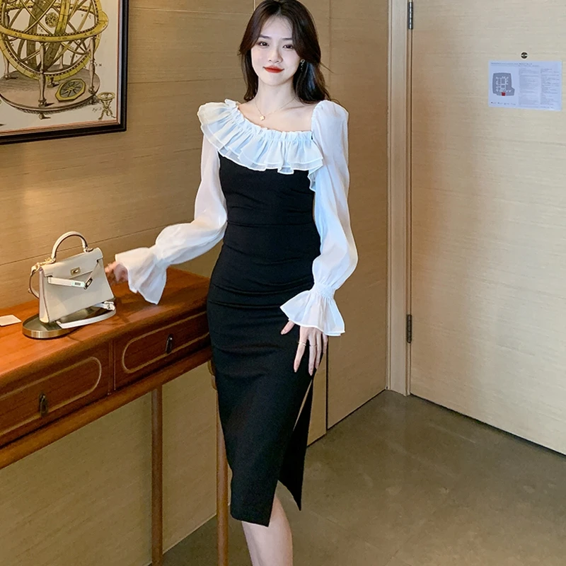 2023 Spring New Women's Dress Temperament Split Ruffle Panel Slim One Line Neck Free Shipping
2023 Spring New Women's Dress Temperament Split Ruffle Panel Slim One Line Neck Free Shipping
