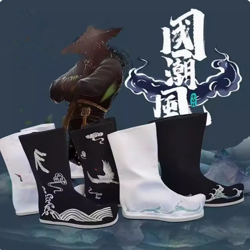 

Черно-белые китайские ботинки ханьфу ботинки воин старинные тканевые ботинки на плоской подошве для косплея по мотивам фильма