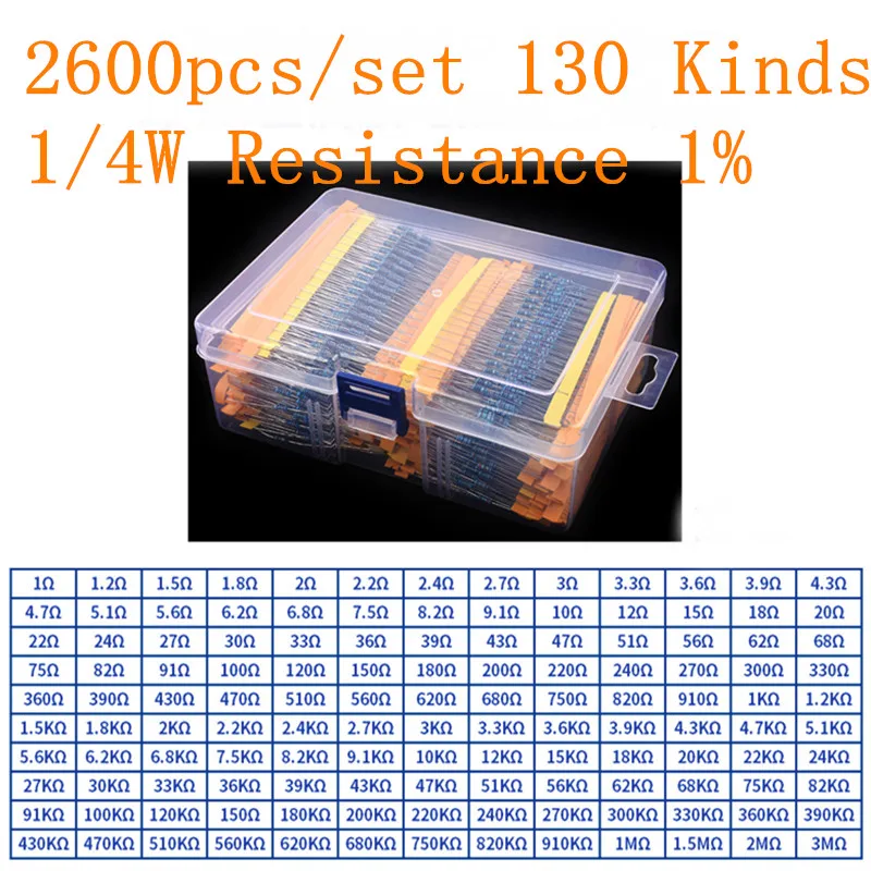 

2600PCS/130 Values 1/4W 0.25W 1% 1R Ohm -3M Metal Film Resistors Assorted Pack Set Lot Resistors Assortment Kits Fixed Resistor