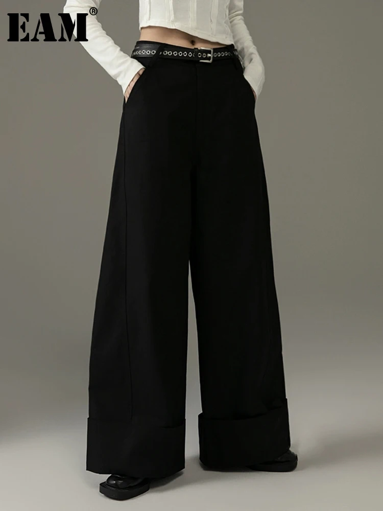 

[EAM] High Waist Black Full Length Fold Long Wide Leg Pants New Loose Fit Trousers Women Fashion Spring Autumn 2024 1DH2333