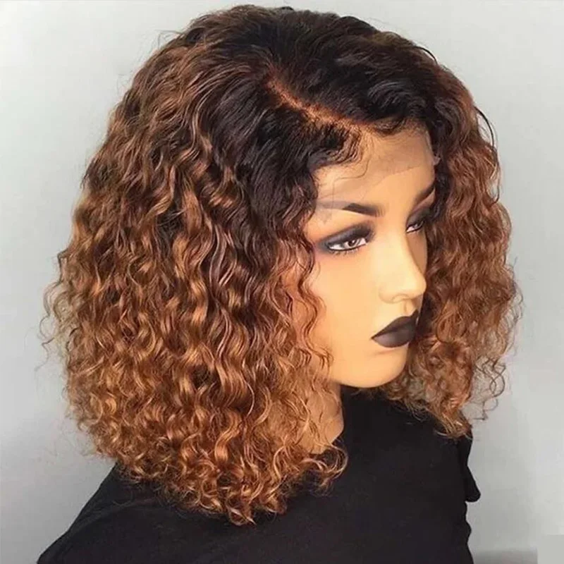 

Preplucked Glueless Soft Ombre Honey Blonde Brown Kinky Curly Short Bob Lace Front Wigs For Black Women With Afro Baby Hair