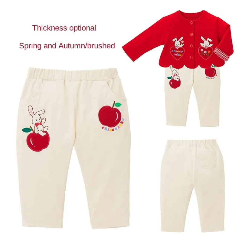 

Miki Kids Pants Japanese Style Girl Cartoon Rabbit Apple Embroidered Corduroy Trousers Baby Pants