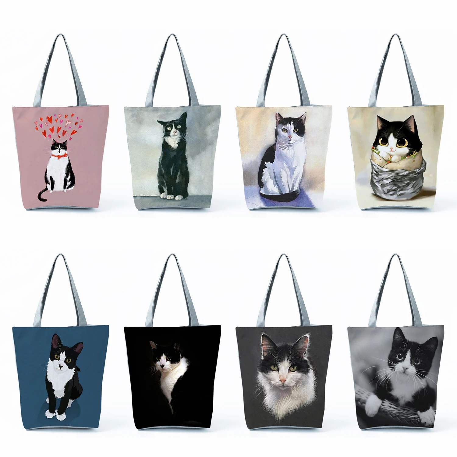 

Дорожные пляжные сумочки, экологически чистая женская сумка-тоут для покупок с принтом черной, белой коровьей кошки, повседневные вместительные женские сумки-шопперы на заказ