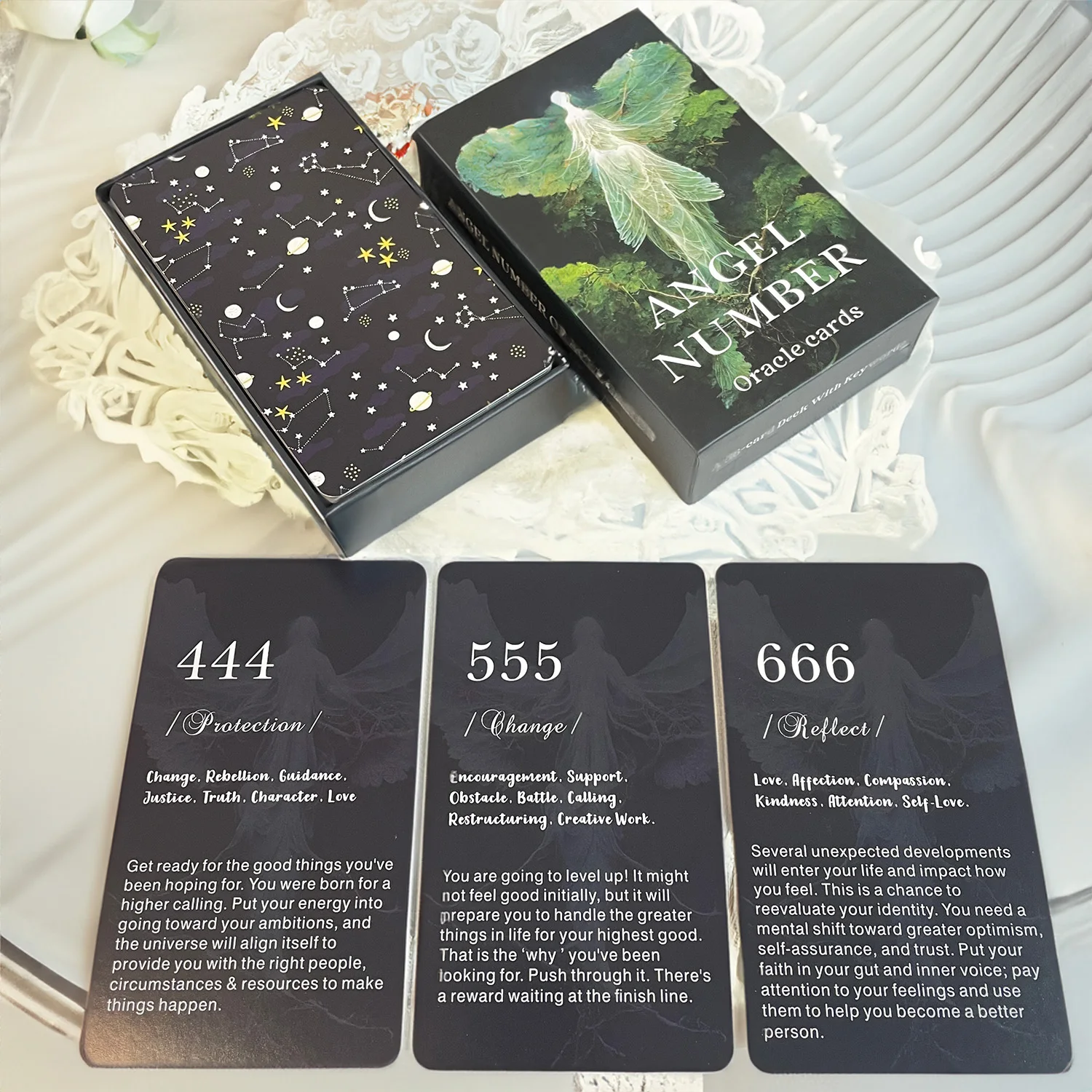 56 English Angel Numbers 12×7cm Oracle Tarot Cards in Box Beautiful Divination Runes Board Game Dark Style
56 English Angel Numbers 12×7cm Oracle Tarot Cards in Box Beautiful Divination Runes Board Game Dark Style