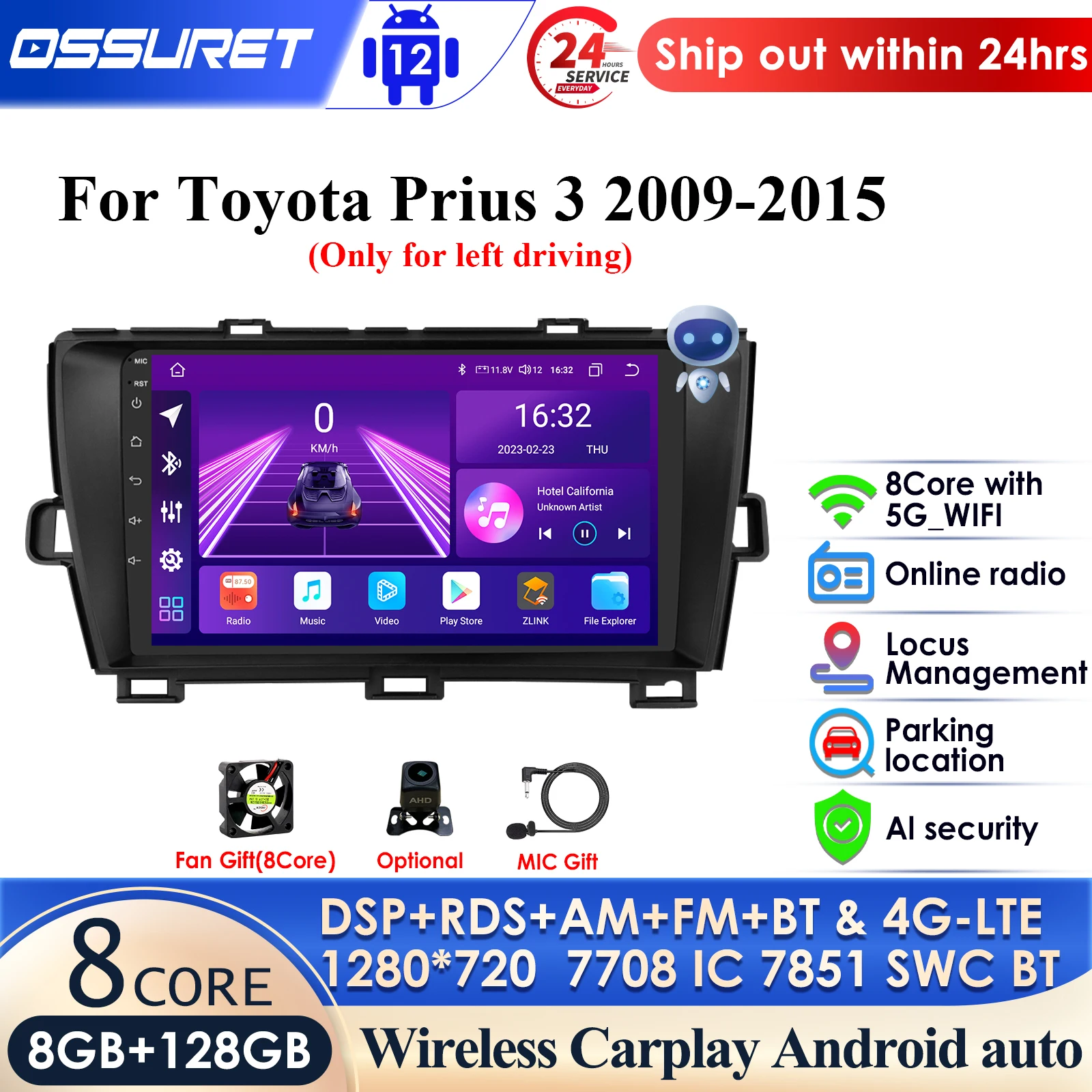

7862 QLED DSP 8G+128G Android 13 For Toyota Prius XW30 2009 - 2015 Car Radio Multimedia Video Player GPS Navi Stereo Carplay 4G