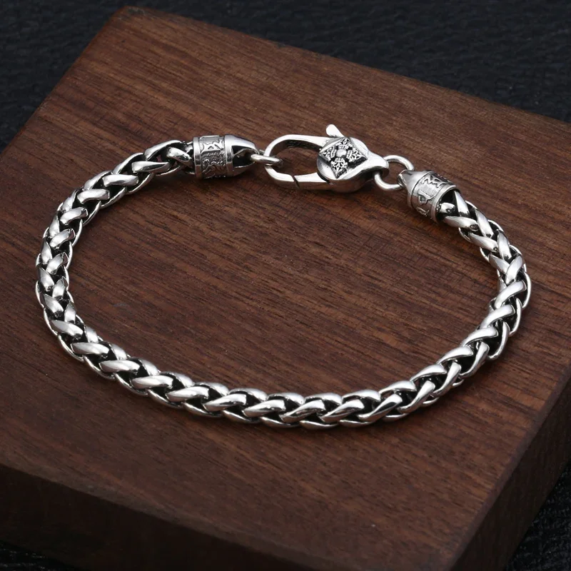 

Silver Color 4mm Bracelet Chain Men's Retro Six-character Mantra Vajra Twist Bracelet Couple Fashion Jewelry