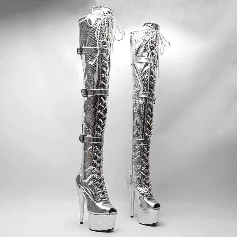 

New Fashion Women 17CM/7inches PU Upper Plating Platform Sexy High Heels Thigh High Boots Pole Dance Shoes 172