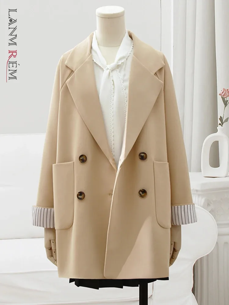 

LANMREM Office Lady Khaki Women's Blazer Notched Collar Striped Sleeves Spliced Double Breasted Coat 2024 Spring New 32C499