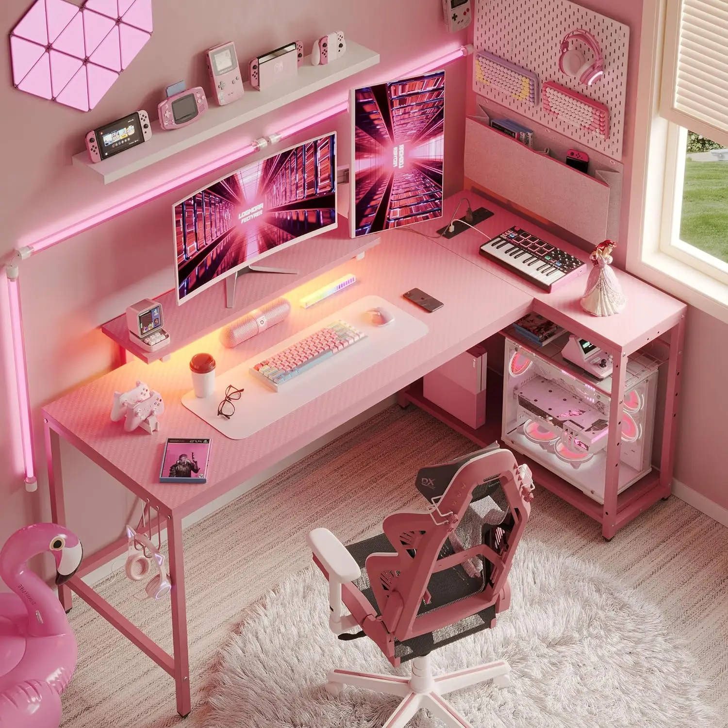 

L Shaped Gaming Desk with Power Outlets,58 LED Small Corner Desk with Reversible Storage Shelves,Pink Computer Desk