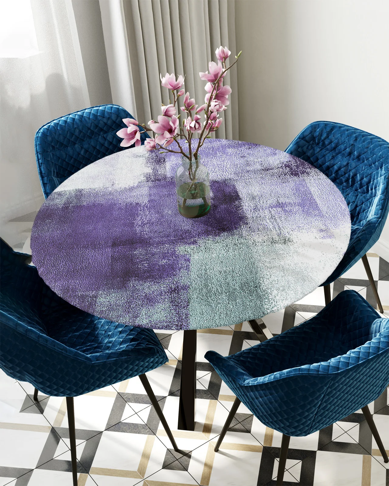 

Абстрактная Геометрическая фиолетовая круглая эластичная Обложка для стола с масляной живописью, Защитная ткань, водонепроницаемая прямоугольная облегающая скатерть