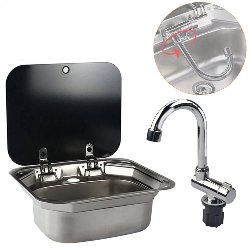 

Caravan Camping Stainless Steel Hand Wash Basin Sink with Tempered Glass Lid Camper Accessories RV Stainless Steel Covered Sink