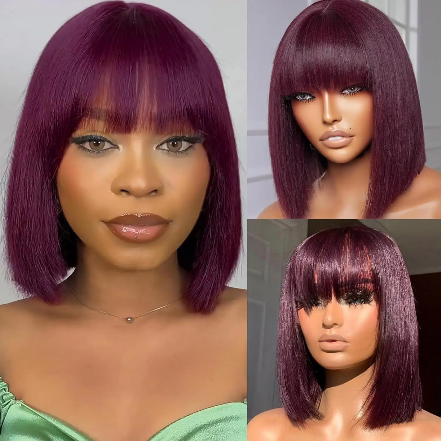 

99J Burgundy Red Bob Human Hair Wig With Bangs For Women Straight Remy Bang Wig Human Hair Full Machine Made Colored