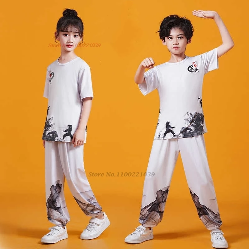 

2024 chinese children wushu kungfu shaolin clothing martial arts kung fu suit national print training exercise performance suit