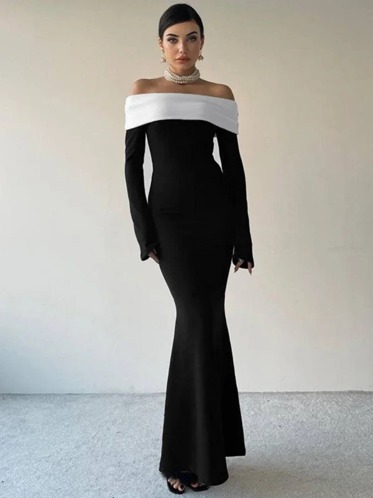 

Slash Neck Slim Bodycon Dress For Women Clothing Long Sleeve Vestidos Elegantes Para Mujer Off Shoulder Fashion Autumn Outfits