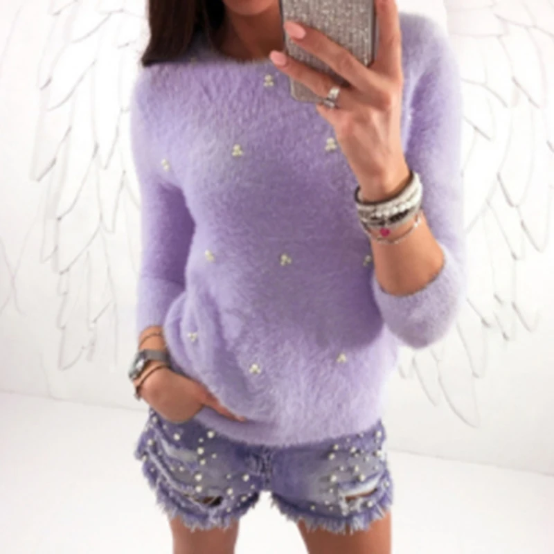

Women Plush Beading Sweater Autumn Winter 2023 Fashion Rabbit Fur O-Neck Long Sleeve Pullovers Pull Femme Hiver New