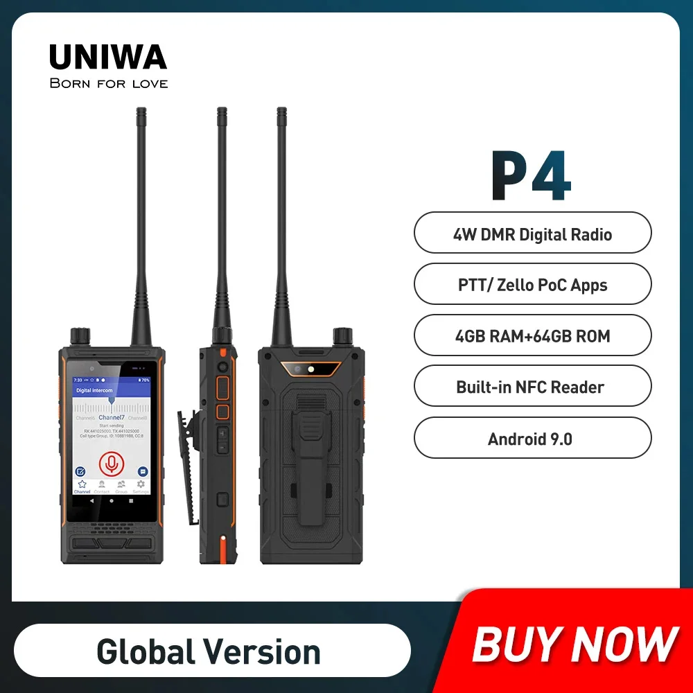 

UNIWA P4 4G IP68 Smartphones UHF/VHF 4W DMR Analog Walkie Talkie Zello/PTT Octa Core 4GB+64GB Android 9 Mobile Phone 3000mAh NFC