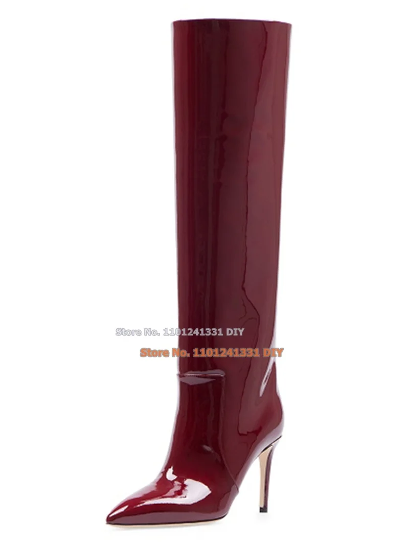 

Iconic Style Metallized Patent Leather Pointed Toes Knee High Boots Women Pin Thin High Heels Stiletto Autumn Sping Long Bota