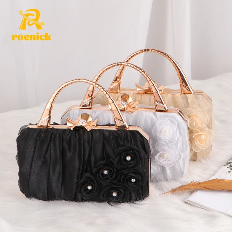 

ROENICK Women Mesh Flower Banquet Day Clutch Lady Satin Fairy Bridal Wedding Chain Messenger Evening Bags Dinner Handbags Purses