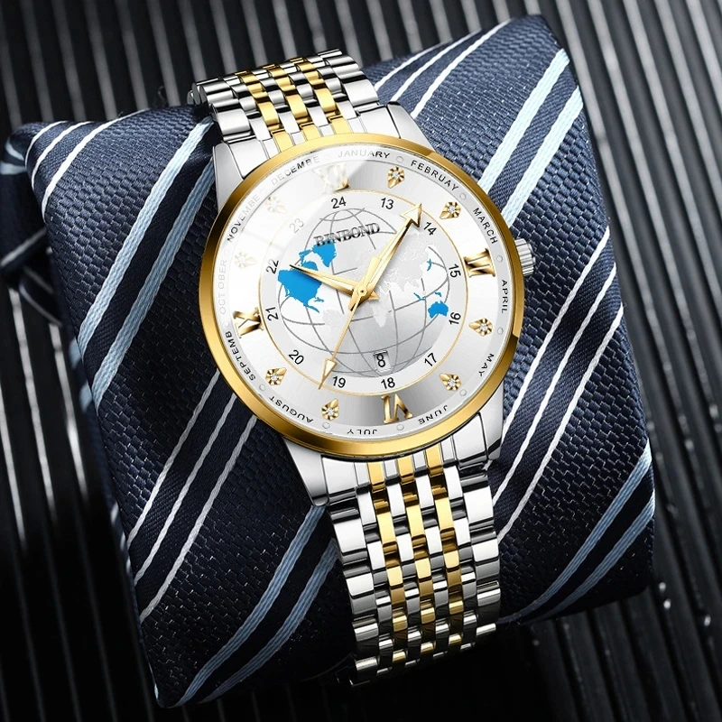 

2023 Men Quartz Watches Date Calendar Luminous Wristwatch Fashion Casual Stainless Steel Waterproof Clock BINBOND B0117