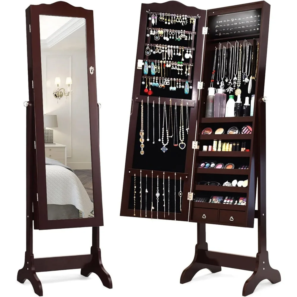 

Giantex Jewelry Armoire Organizer with Full Length Mirror, 14 LEDs Floor Standing Jewelry Cabinet with 2 Drawers, 4 Adjustable A