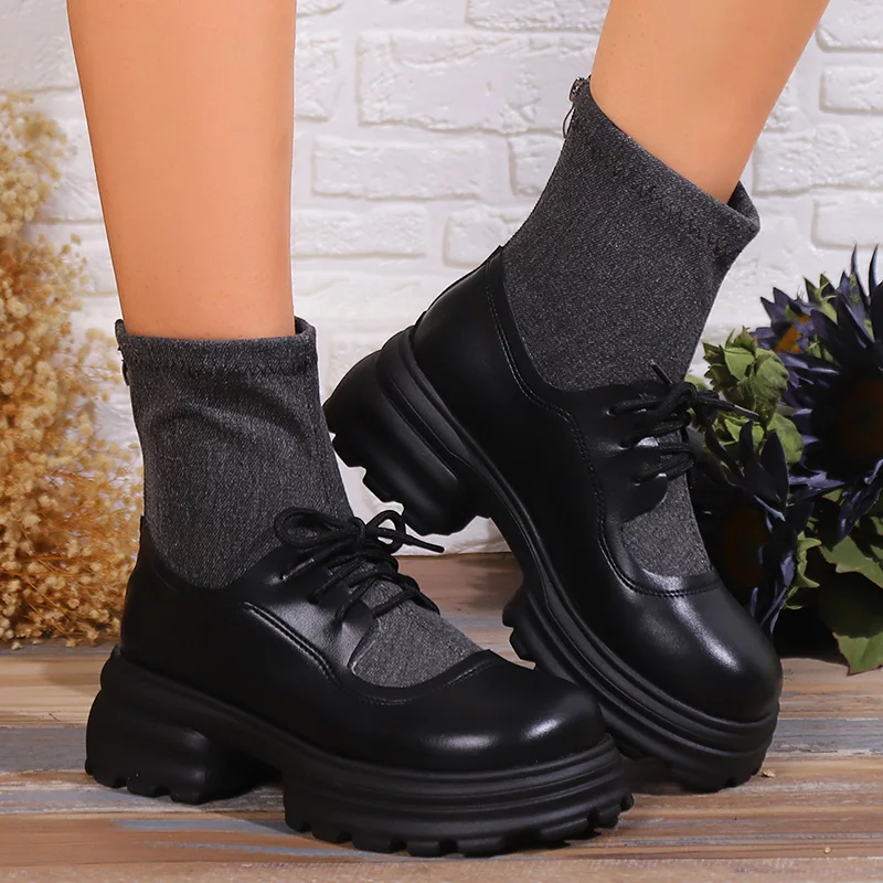 Fashion Thick Bottom Ankle Boots Women PU Leather Patchwork Lace Up Comabt Boots Woman Platform Non-Slip Motorcycle Botas Mujer
Fashion Thick Bottom Ankle Boots Women PU Leather Patchwork Lace Up Comabt Boots Woman Platform Non-Slip Motorcycle Botas Mujer