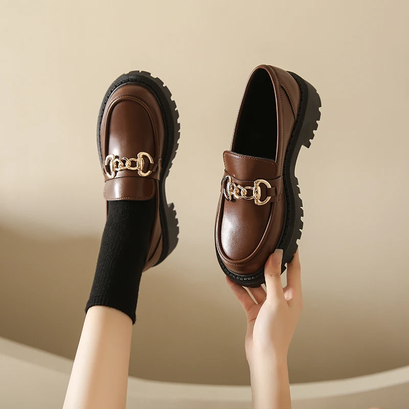 Chunky Loafers Women Genuine Cow Leather Platform Shoes Round Toe Metal Chain Slip on Ladies Flats Handmade 2023 Chunky Loafers Women Genuine Cow Leather Platform Shoes Round Toe Metal Chain Slip on Ladies Flats Handmade 2023