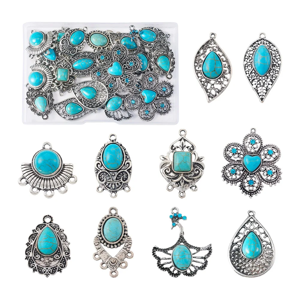 

Tibetan Style Alloy Pendants Chandelier Components Connector Links with Synthetic Turquoise Cross Oval for Jewelry Making