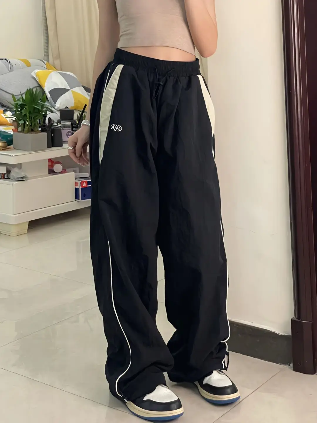 

American retro splicing contrasting oversize loose wide-leg pants straight casual sports trousers for men and women ins pants